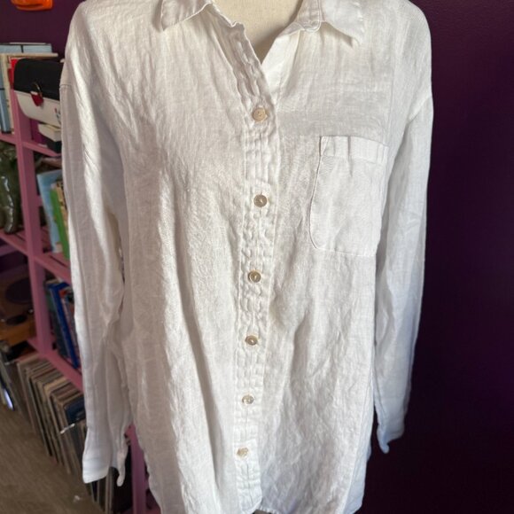 White Oversize J Jill Button-Down Oxford Linen Shirt | Size M - Picture 2 of 7